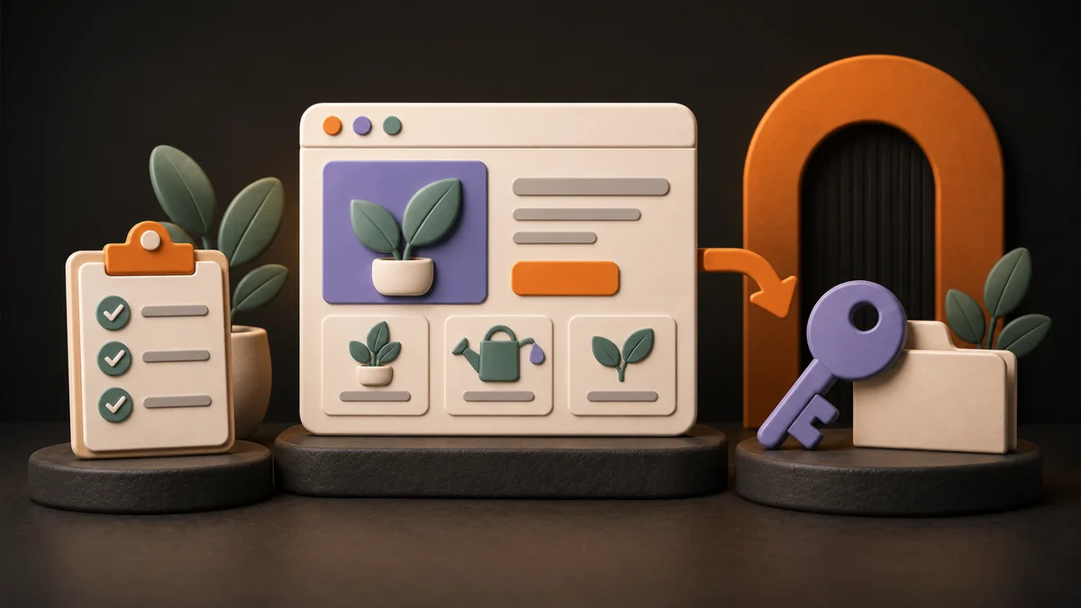 A sculpted client website sits between a checked project brief and a key representing handover