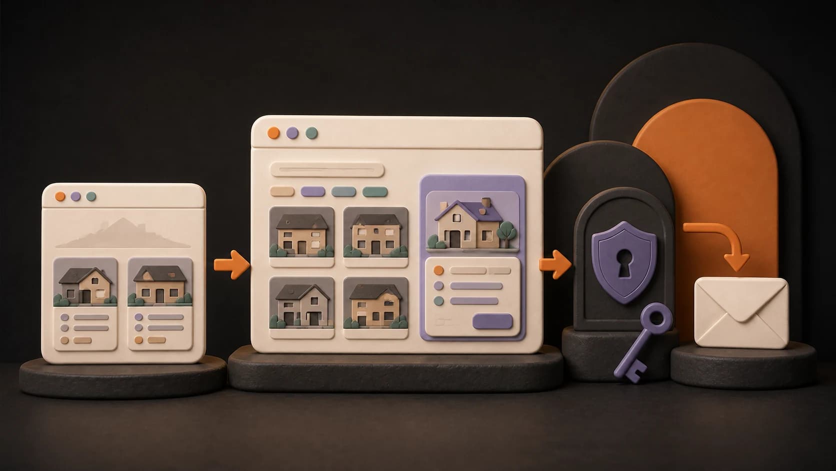 Real estate website screens connected to listings, a private inquiry, and protected owner access