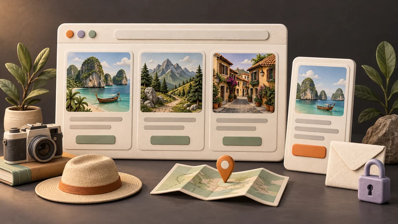 Illustrated travel website with tour cards, a map, an envelope, and a lock for private requests