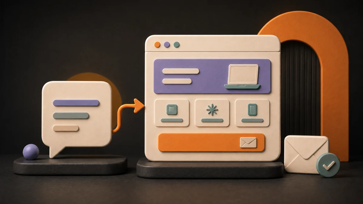 A chat bubble becomes a website with service cards and an email symbol