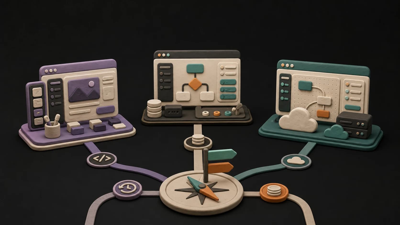 Three AI app builder workstations connected to one beginner decision path