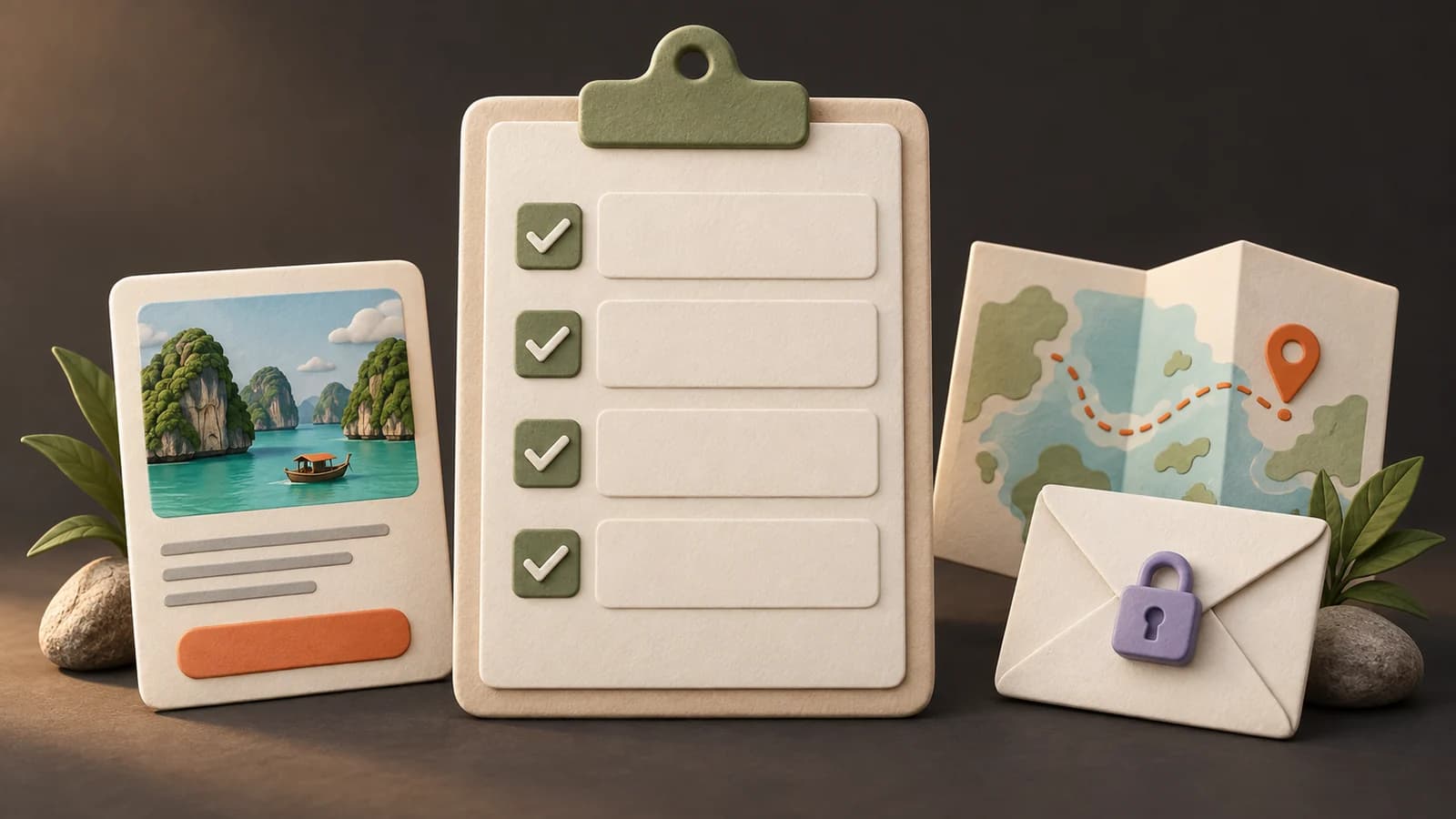 An ivory checklist beside a tour page, route map, and locked envelope representing a private trip request.